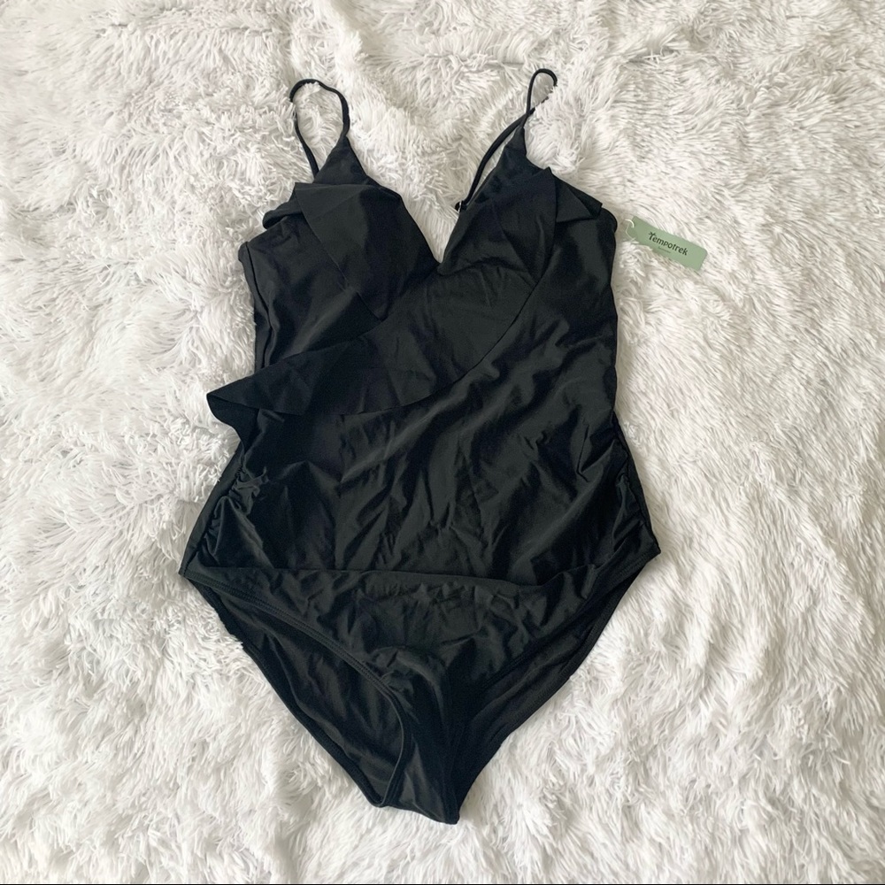 Maternity Swimsuit Ruffle Flounce Falbala Halter Monokini Black Deep V Neck - Picture 5 of 8